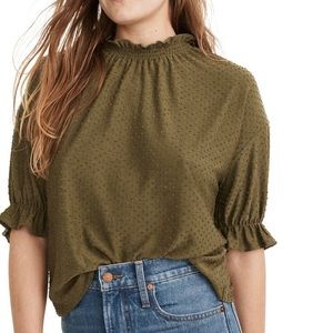 Madewell Olive Green Texture and Thread Dot Ruffle Top
